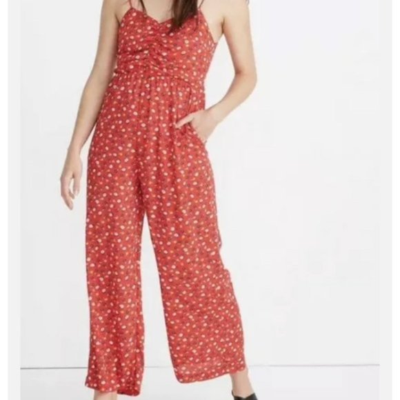 Madewell Prairie Posies Red Floral Spaghetti Strap Wide Leg Jumpsuit 0 - Picture 1 of 12